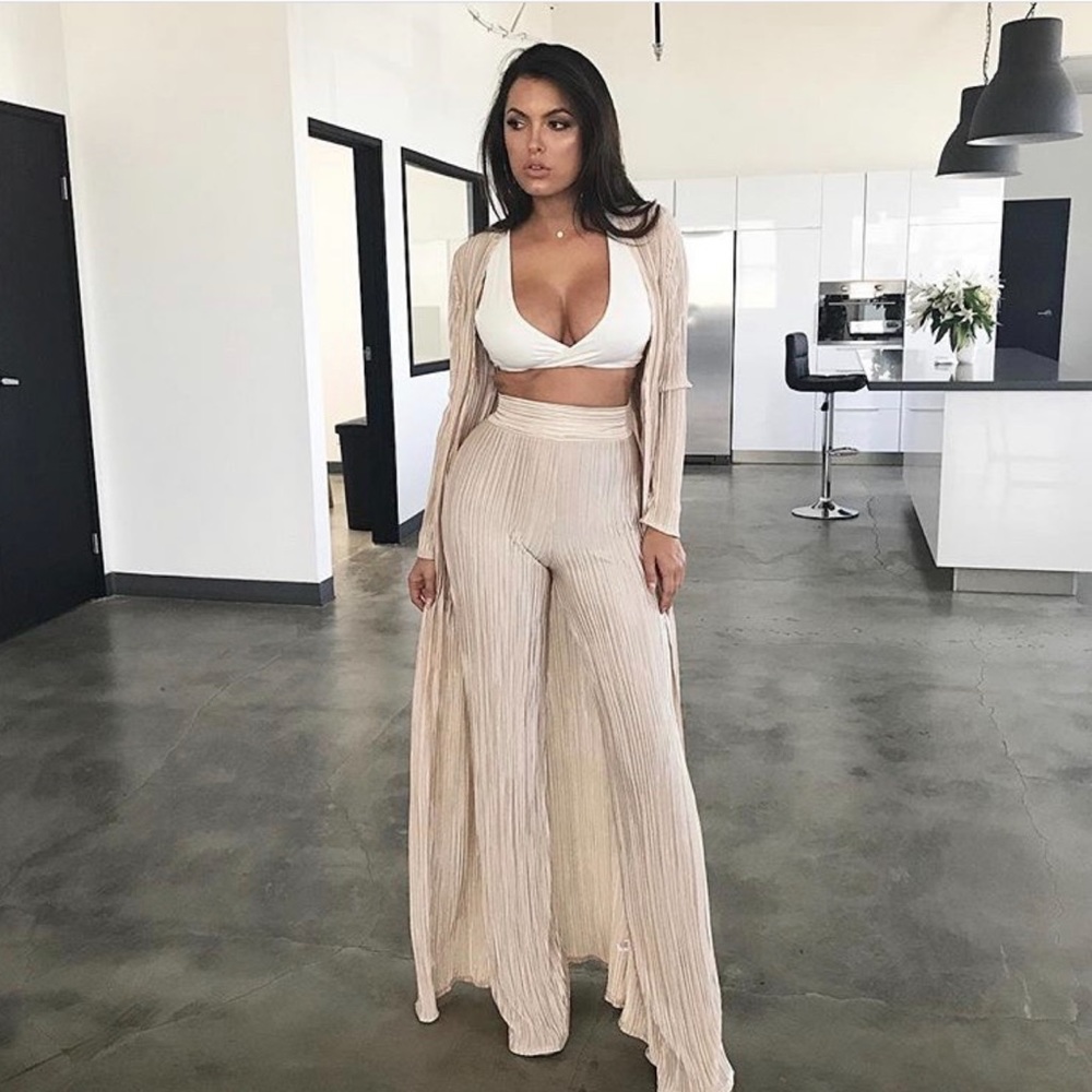 JLUXLABEL Ivory Cream Champagne Draped High Waist Pants